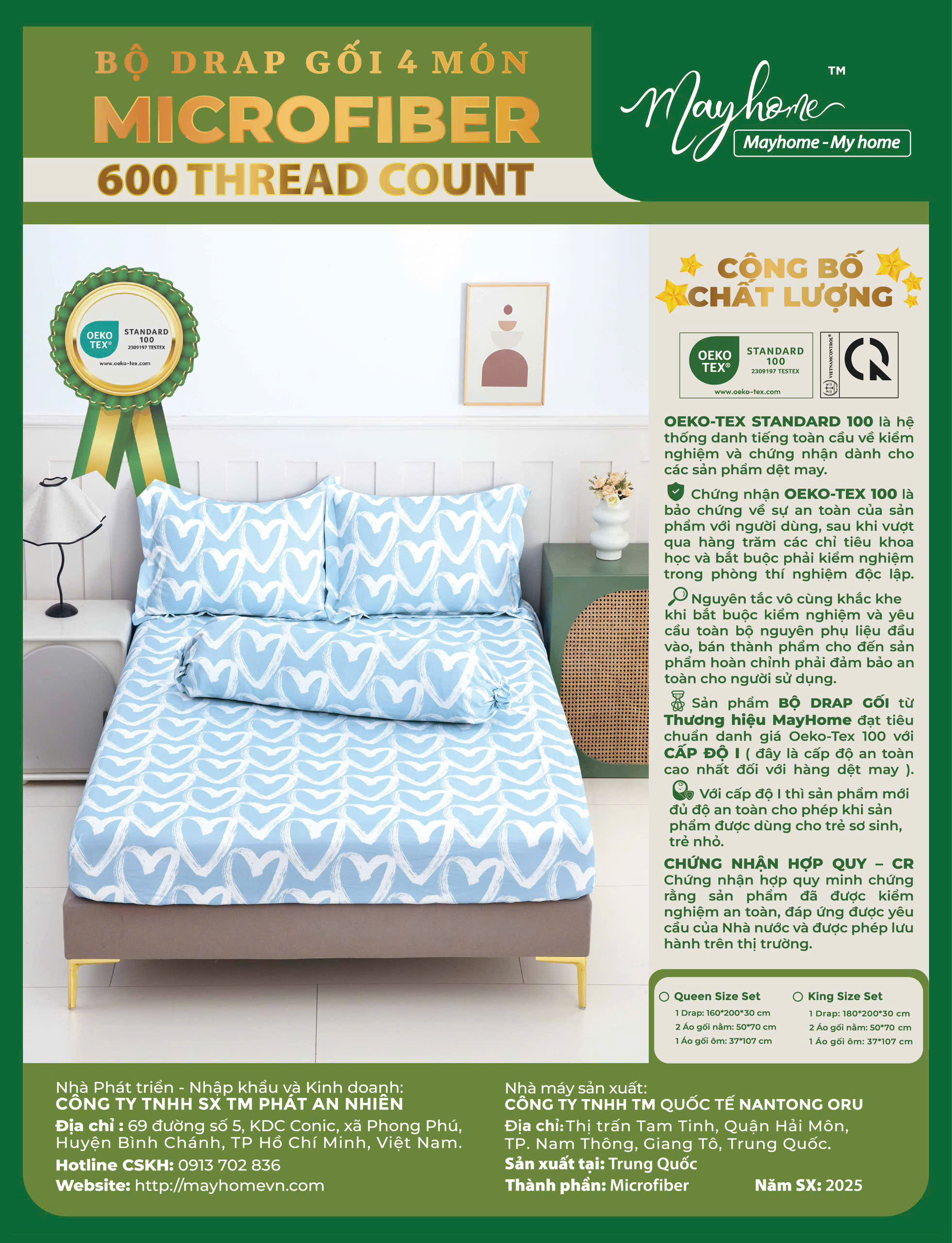 BỘ DRAP MIC 600TC MAYHOME 180*200*30CM - MH2025-3